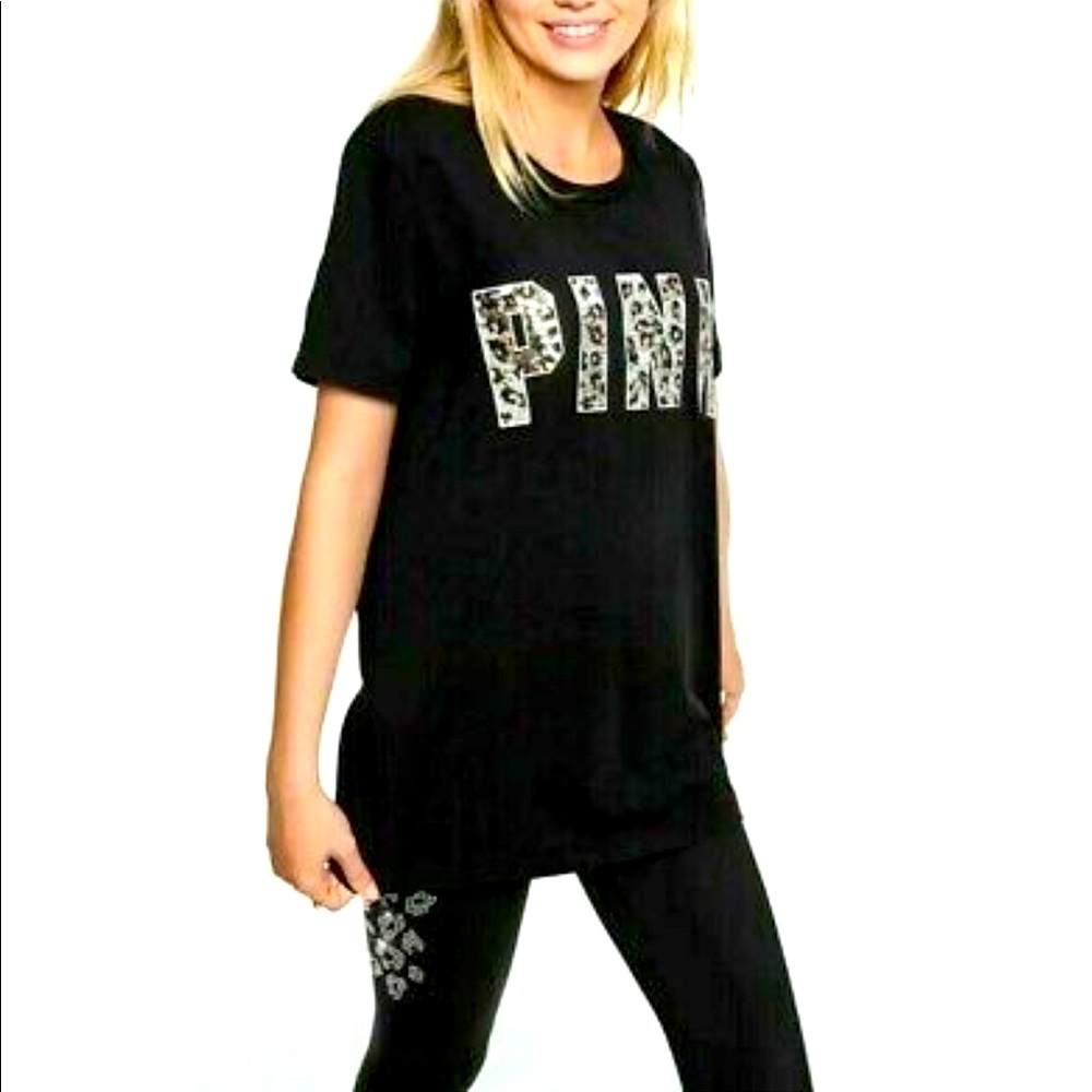 PINK VICTORIA SECRET black cheetah sequin tshirt
